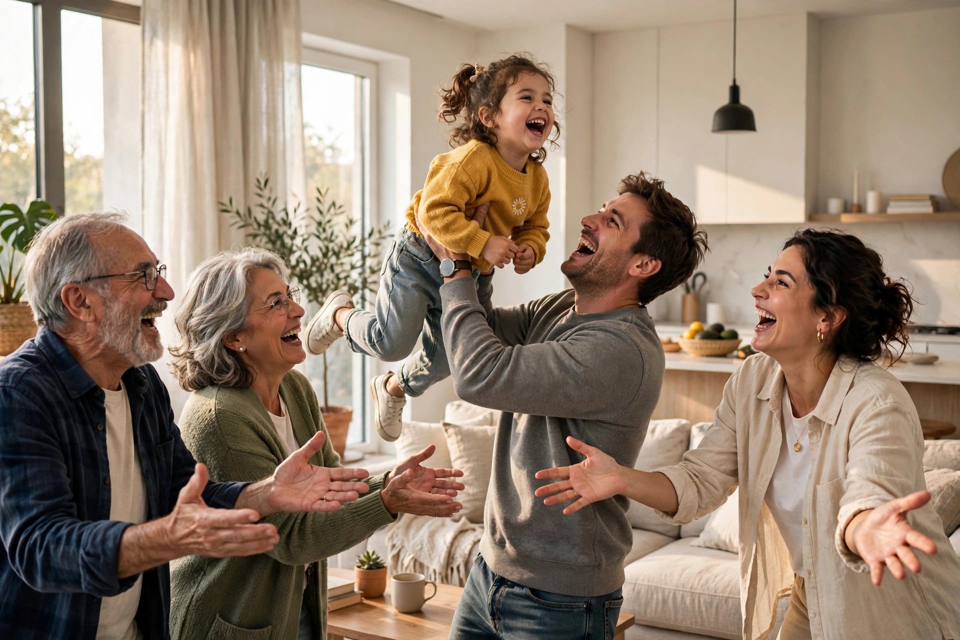 A joyful family laughing together in a bright, clean home — this is what clean feels like